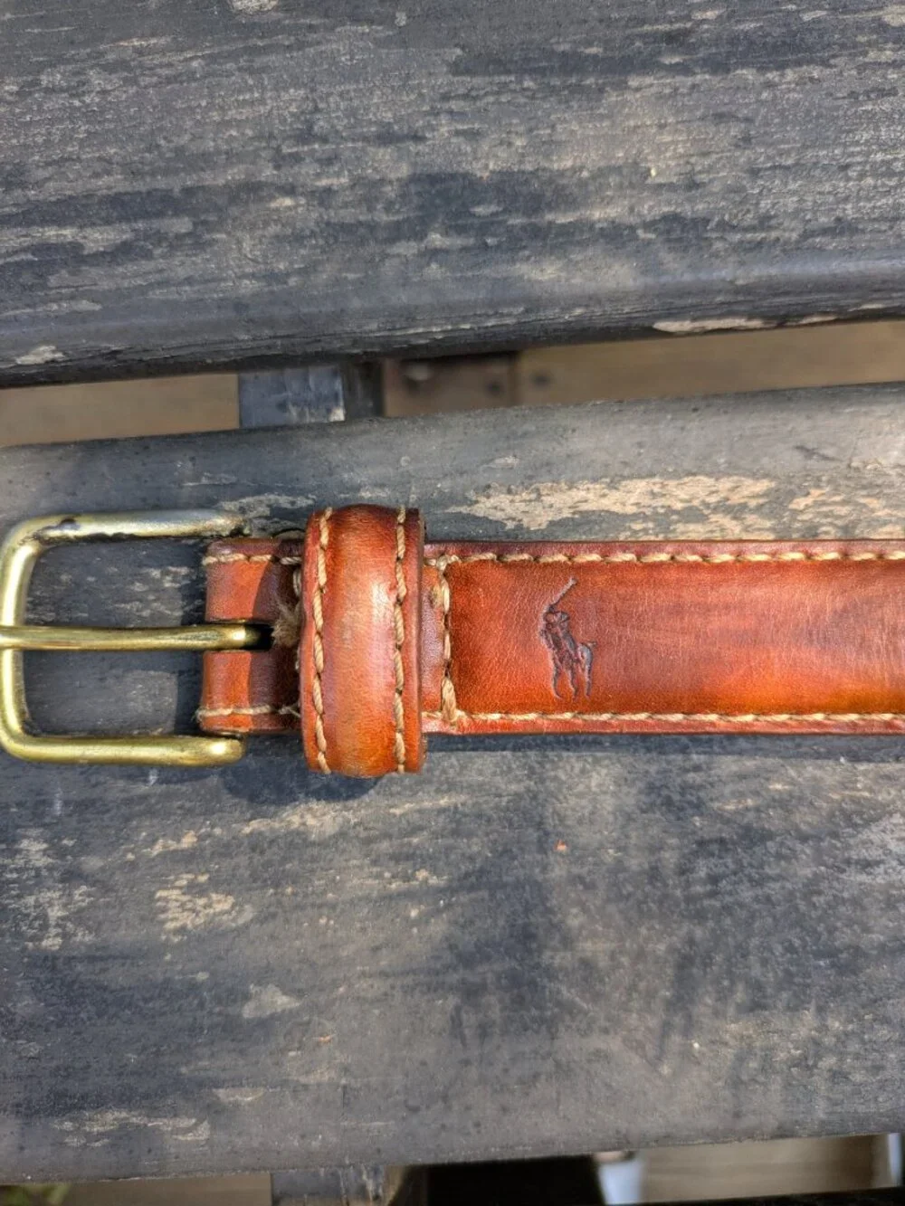 Vintage Polo Ralph Lauren Brown Leather Belt Debossed Pony Logo Brass.